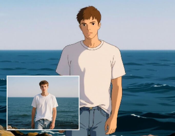 Turn a photo of a handsome guy in a white shirt into a cartoon painting