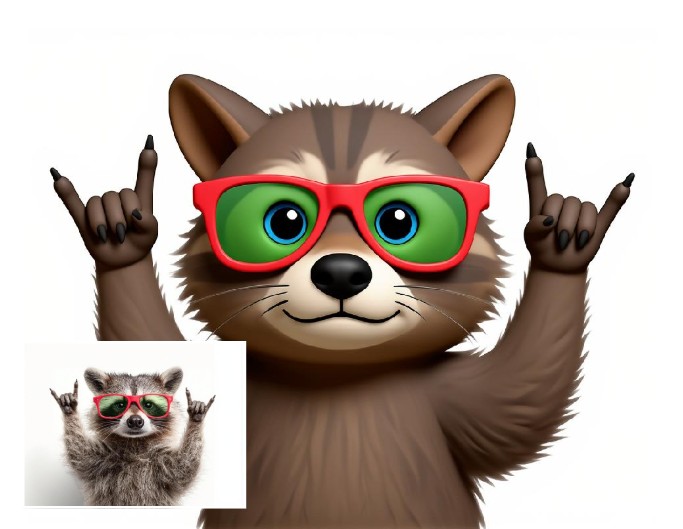 Turn a photo of a raccoon wearing bright red glasses into an emoji