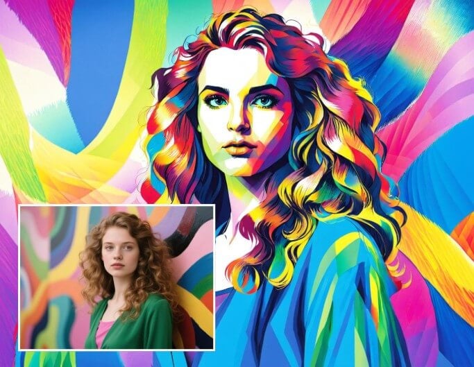 Turn a picture of a beautiful curly haired girl into a pop art painting