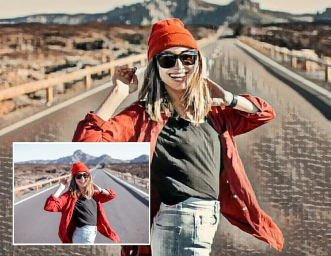 Turn a picture of a girl in a red coat into a watercolor painting