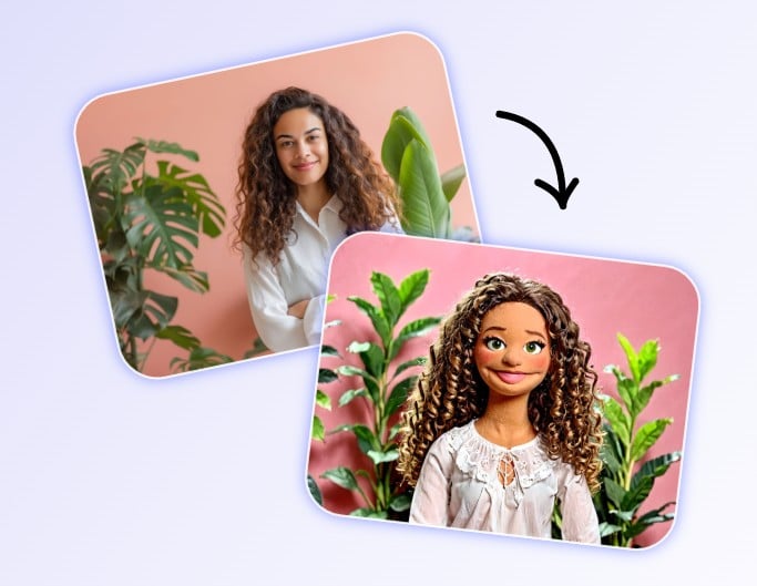 Turn a picture of a girl with long curly hair into a muppet style in fotor