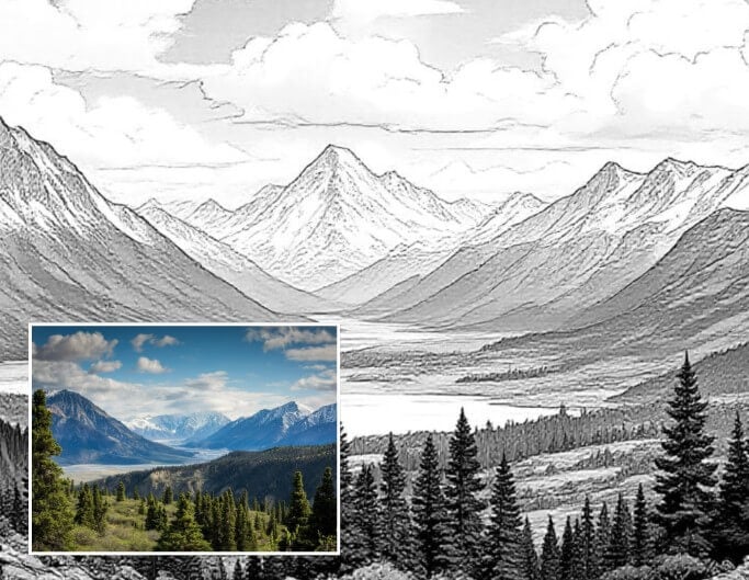 Turn a picture of a mountain landscape into a sketch painting
