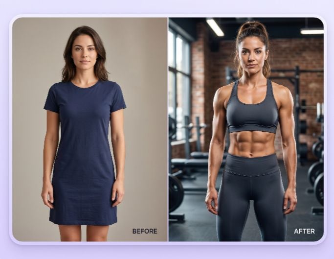Turn a woman image into a fit muscle lady as a fitness transformation reference
