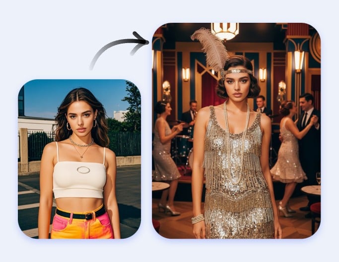 Turn a woman into a figure in american 1920s with fotor ai time machine