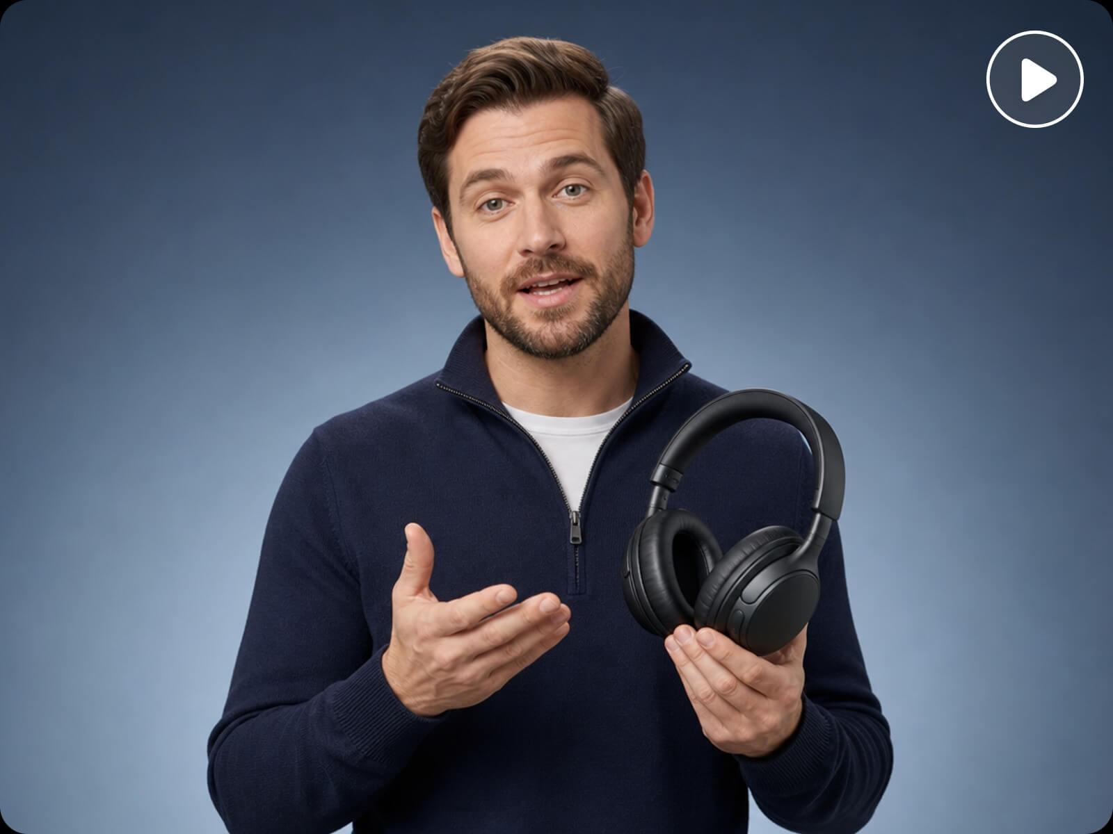 Turn an article into a video of a man explaining headphones