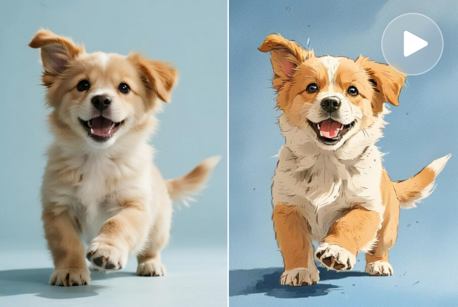 用fotor ai將小狗視頻轉換成卡通風格