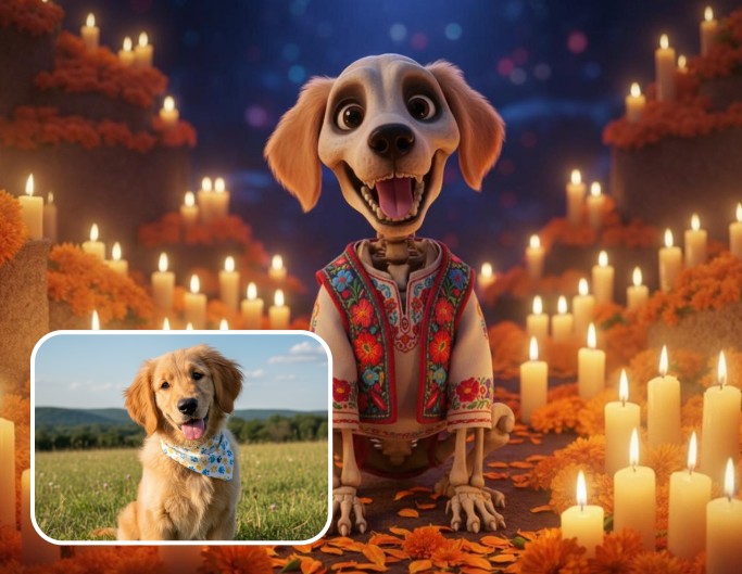 Turn the furry dog portrait into coco style skeleton look