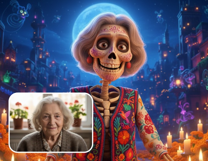 Turn the old female portrait into coco style skeleton look