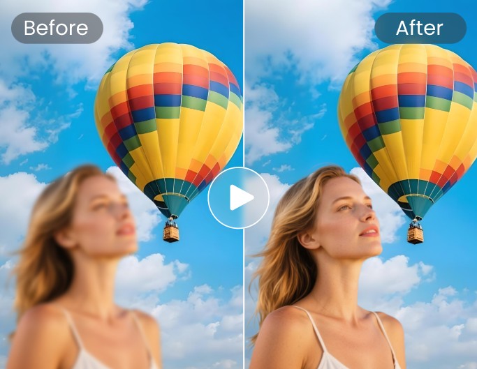 Unblur out of focus video featuring the foreground woman and the background a hot air balloon in a blue sky