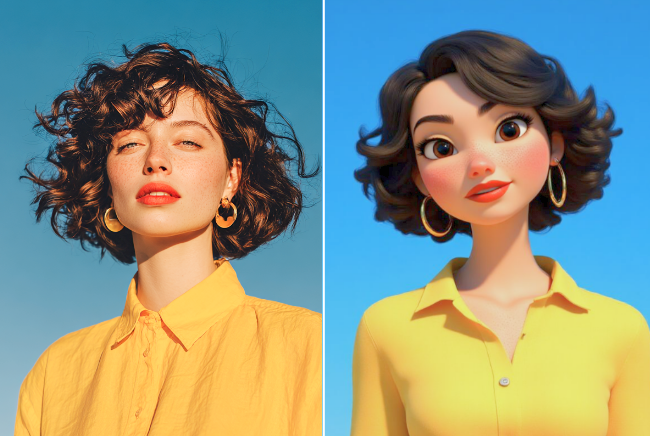 用 fotor ai濾鏡工具把穿黃衣短髮的女孩轉換成動漫風格