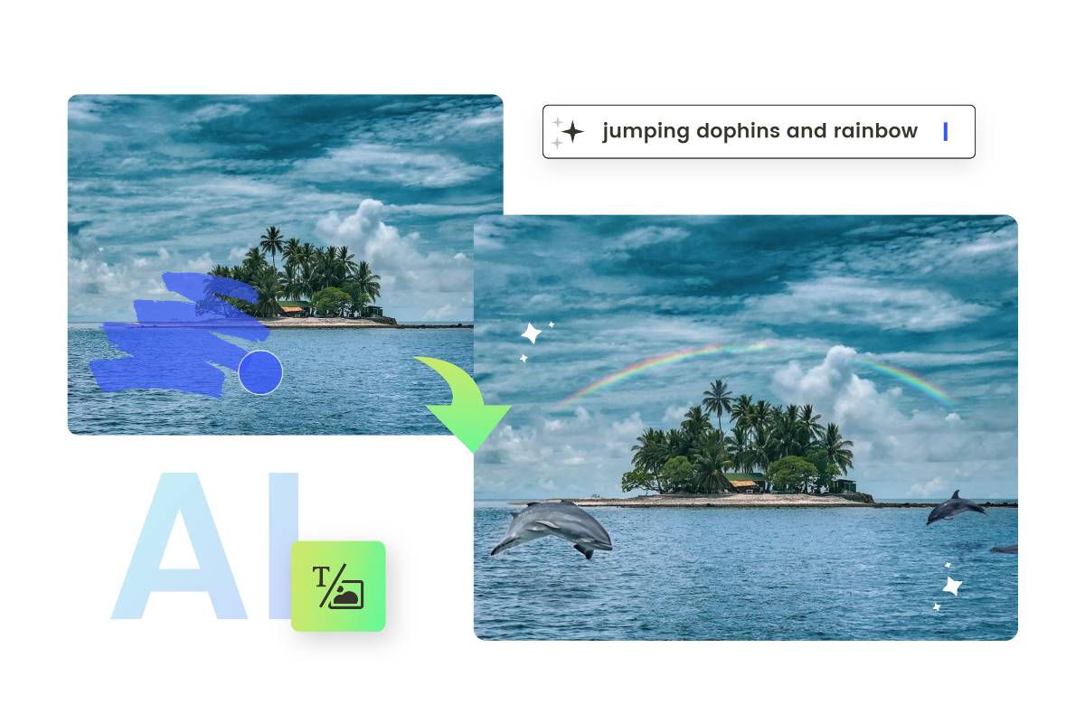 Use ai image inpainting tool to brush over and generate jumping dophins and rainbow