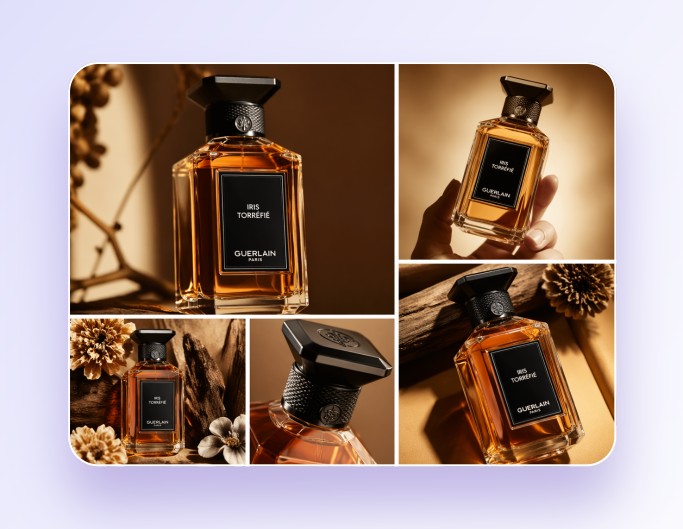 Use ai to generate product shots of a perfume image from different angles