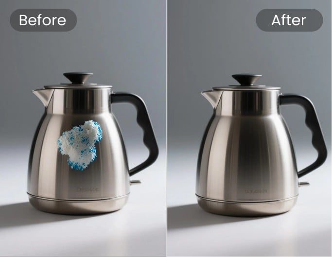 Use clone stamp tool to remove the stain from a kettle product photo