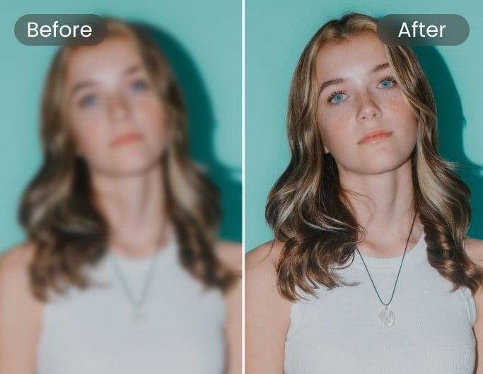 Use fotor ai face blur remover to unblur the face of a lady with brown hair in a photo