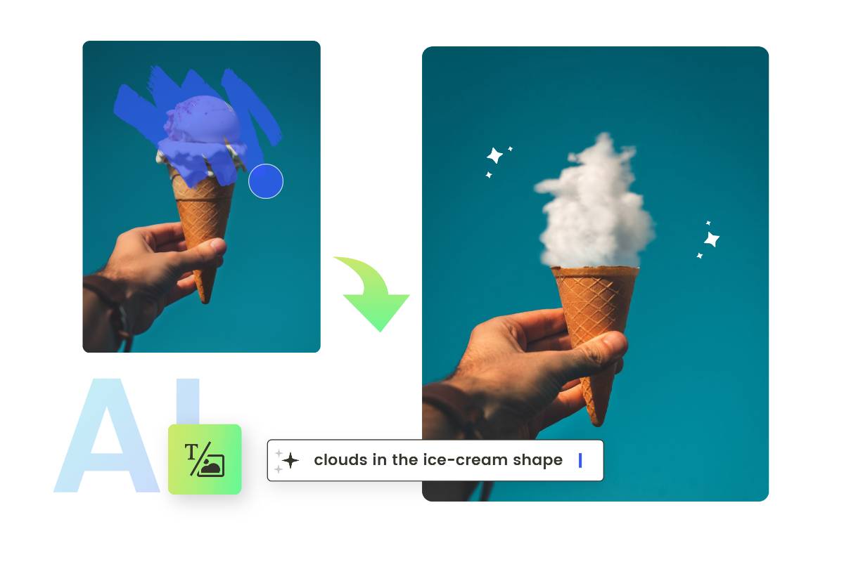 Use fotor ai image inpainting tool to brush and generate choulds in the icecream shape