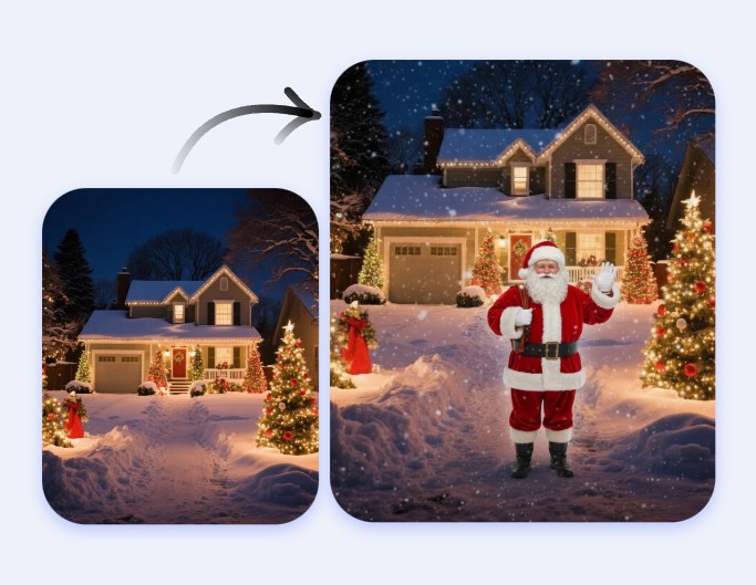 Use fotor to add santa to photo of a house in snow where he is standing in front of the house
