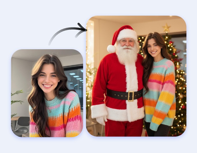 Use fotor to add santa to photo of a woman with long curly hair