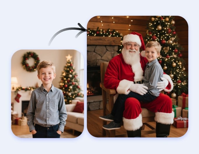 Use fotor to let a boy sit on santa laps in santa claus cabin