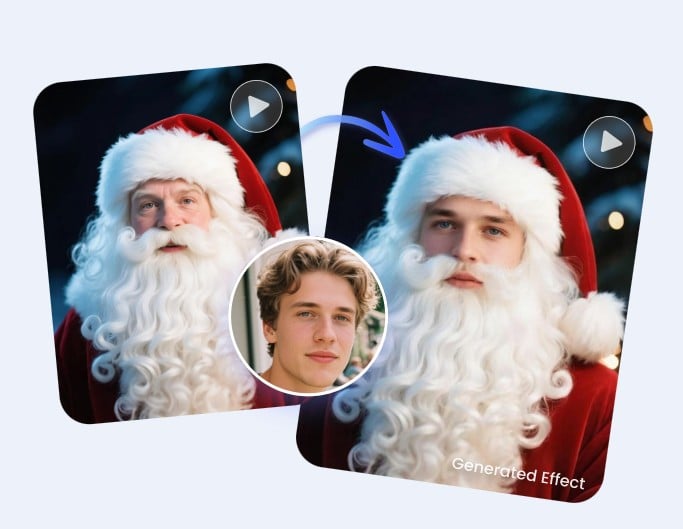 Face swap vidéo pour un cosplay de personnage, mettant en scène le Père Noël