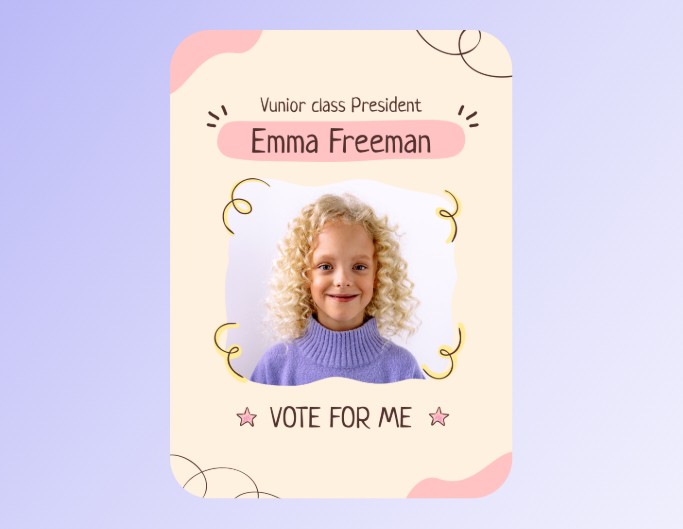 vote for me campaign poster of a little girl with curly platinum hair campaigning for class president