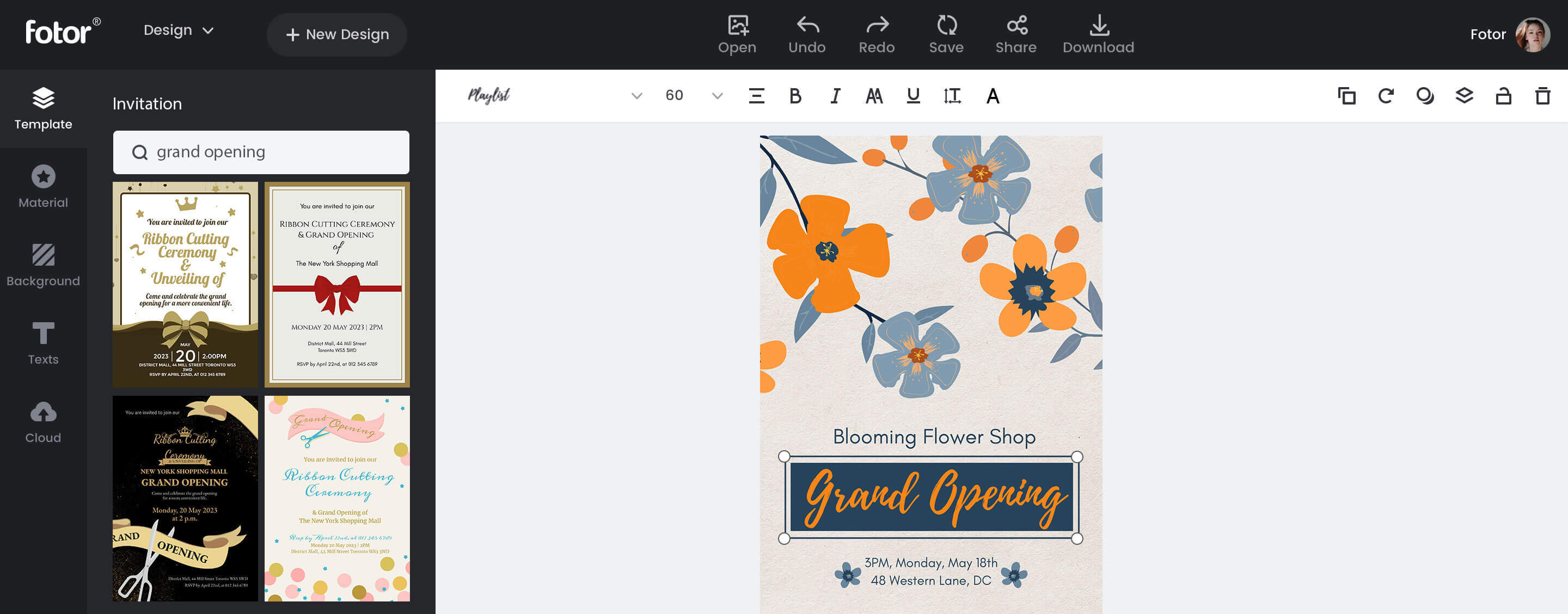 Grand opening invitation designing interface