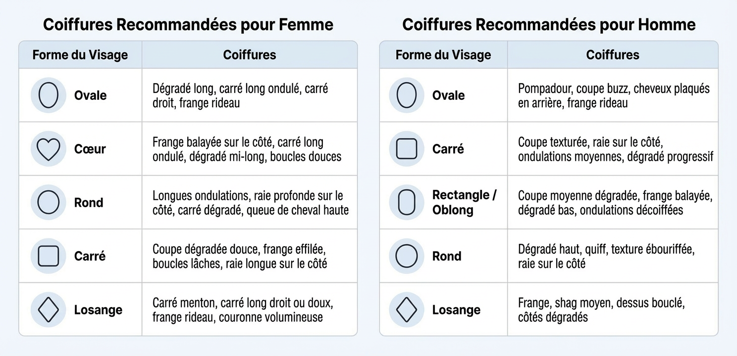 Guide en tableau des coiffures parfaites pour hommes et femmes selon la forme du visage
