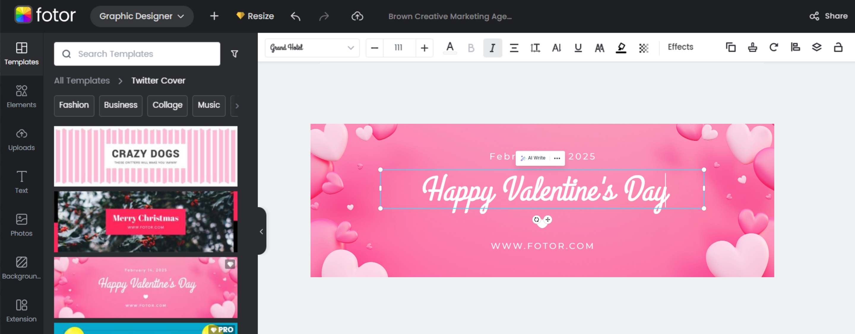 Select a template on the fotor tools page to make a Twitter cover