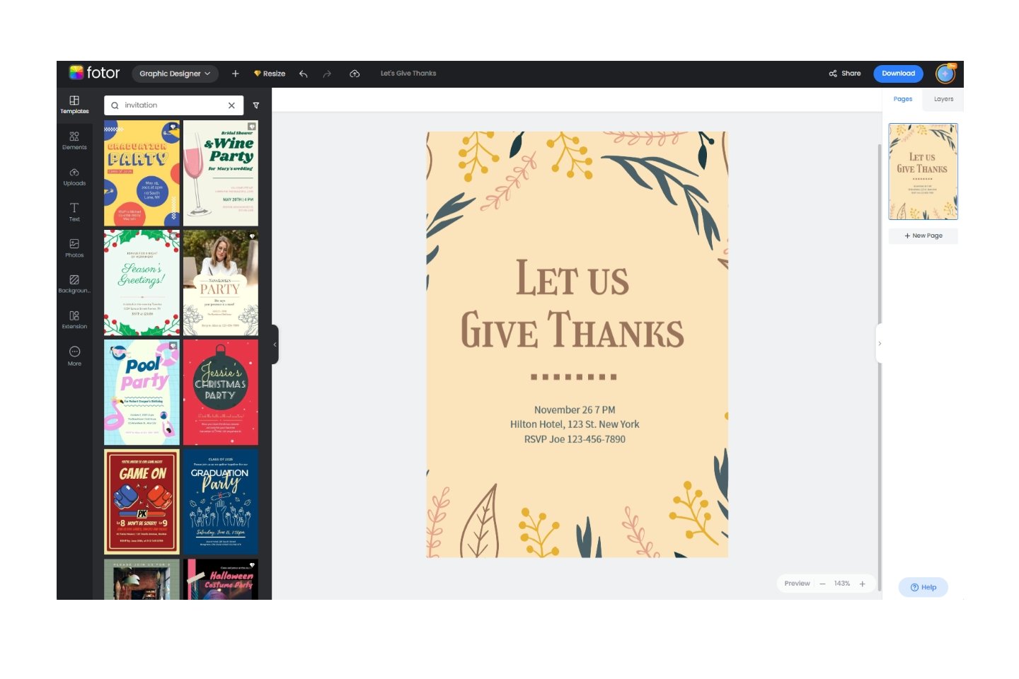 Operation interface of fotor free online invitation maker