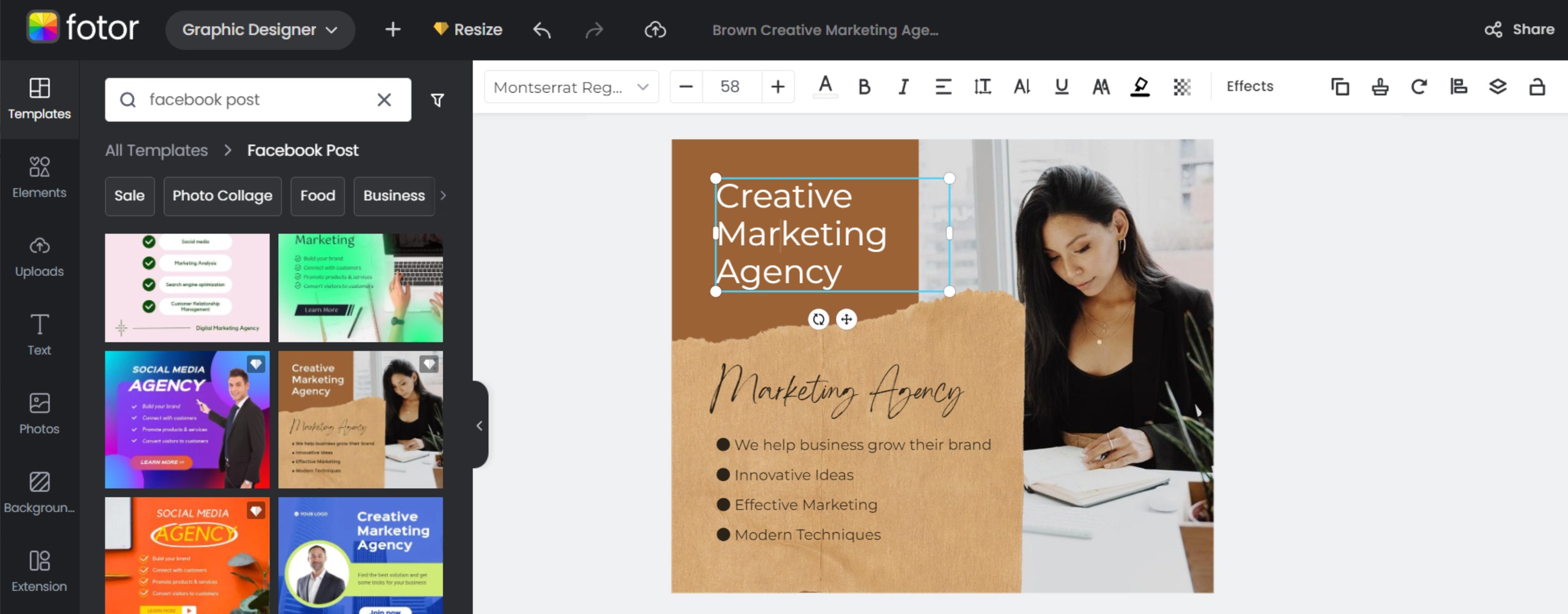 Operation interface page of fotor facebook post maker