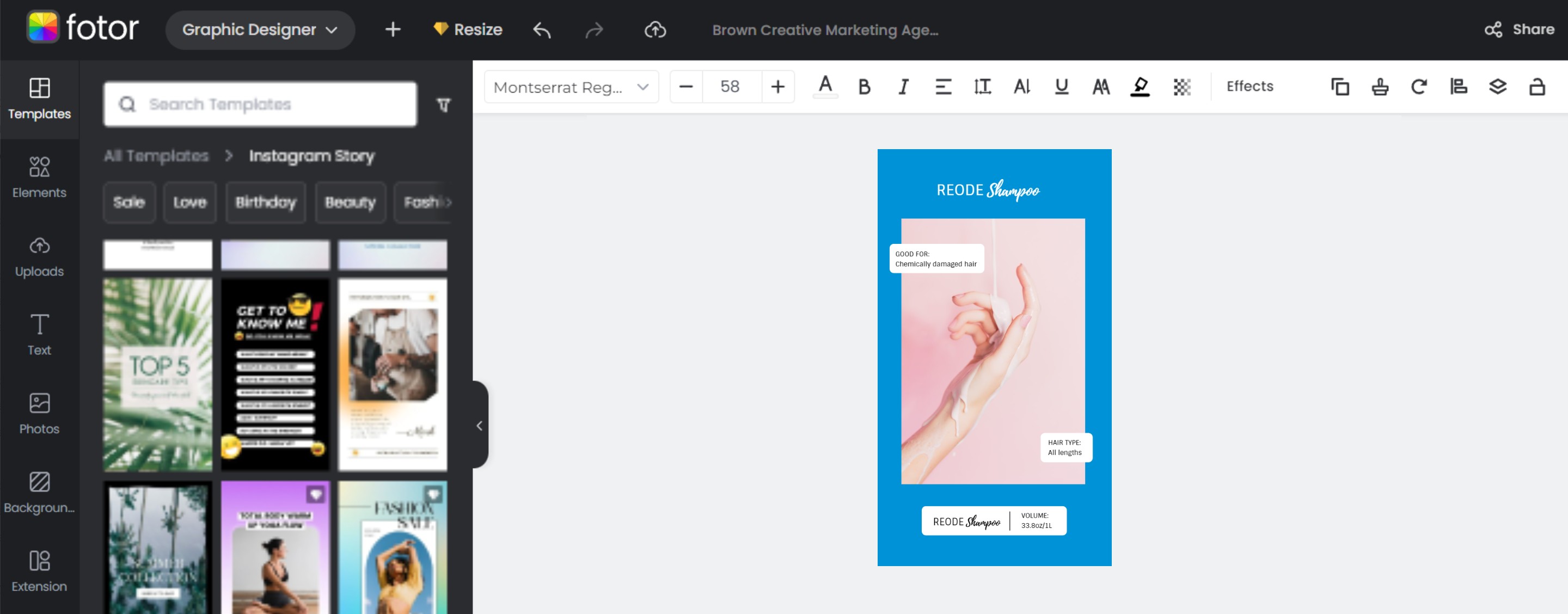 Operation page of Fotor instagram story maker