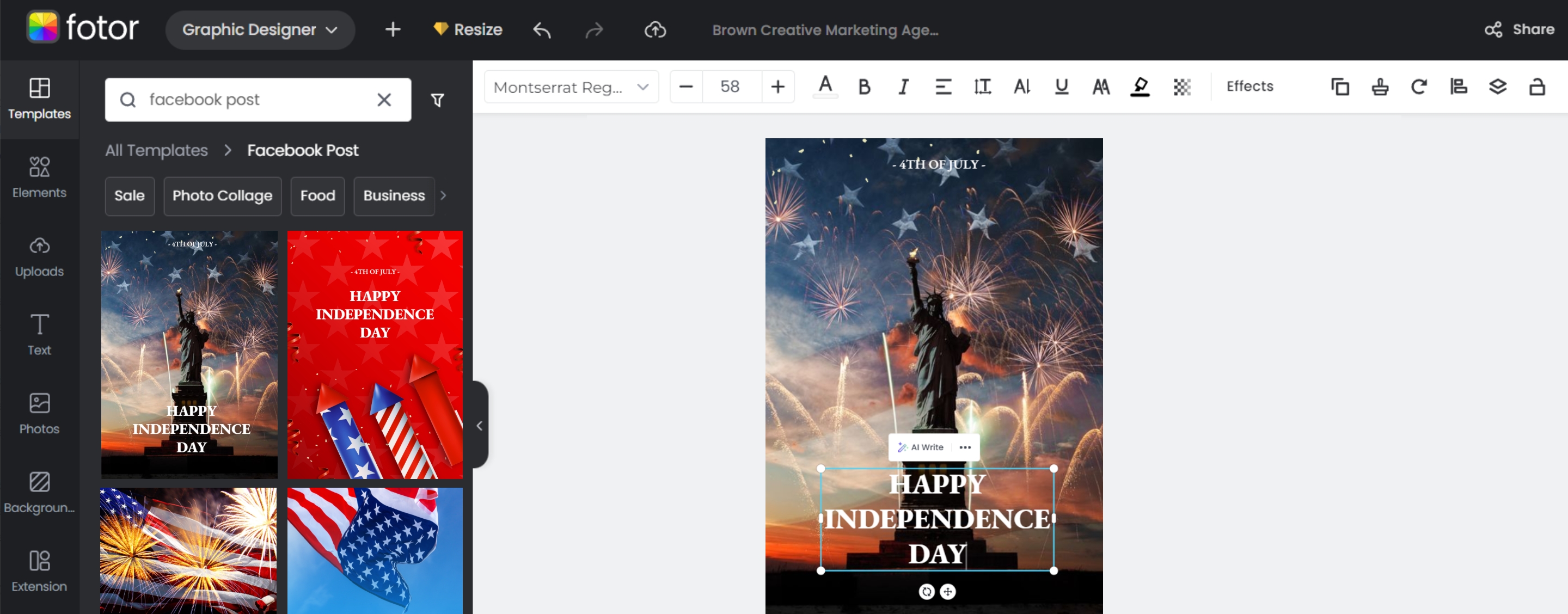 Operation panel of Independence Day poster maker in fotor
