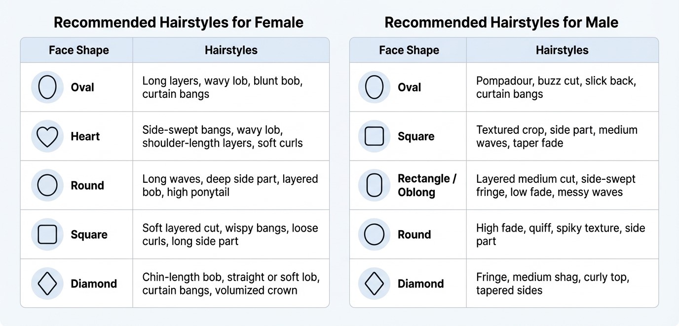 Sheet guide to perfect hairstyles for male and female baed on face shape