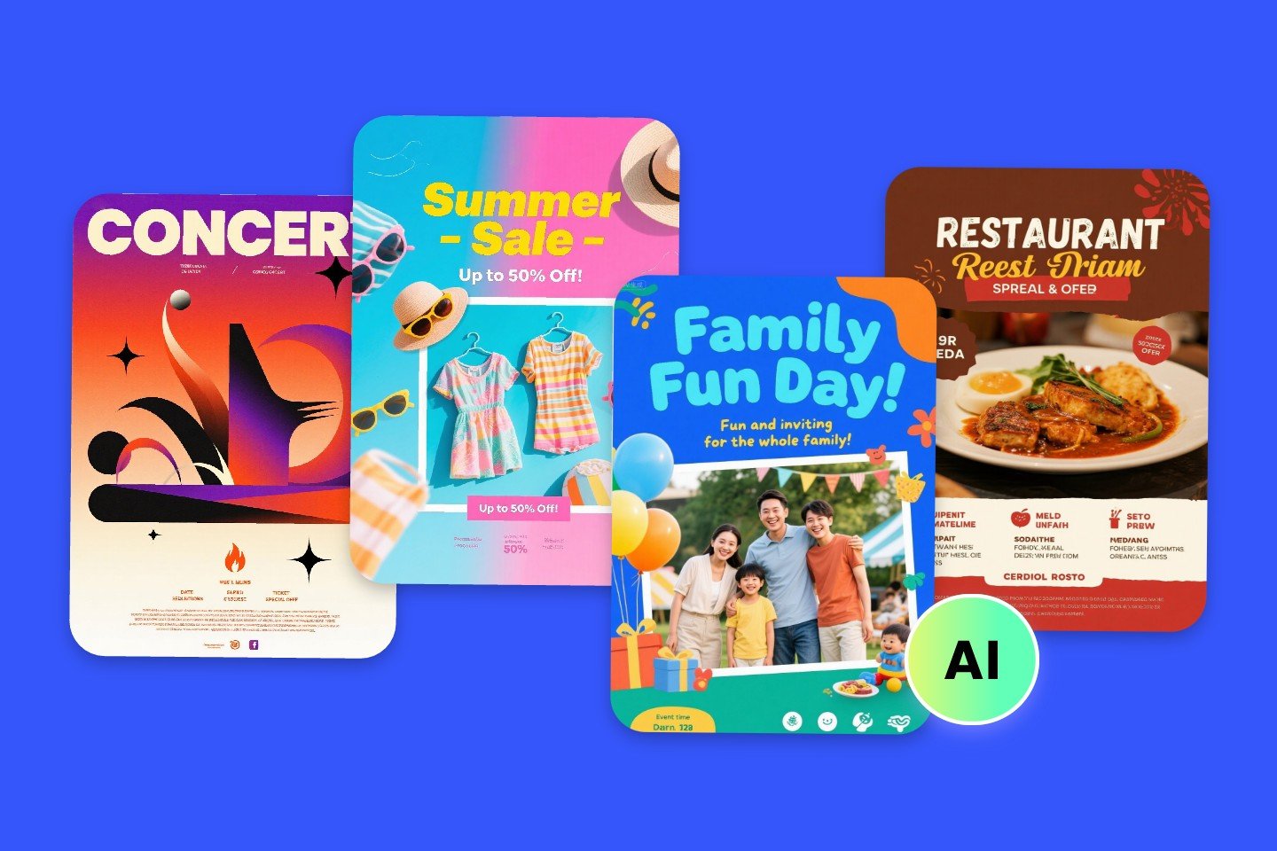AI flyer generator banner shows four kinds of flyers including concert flyer summer clothes sale flyer family event flyer and a resturant price flyer