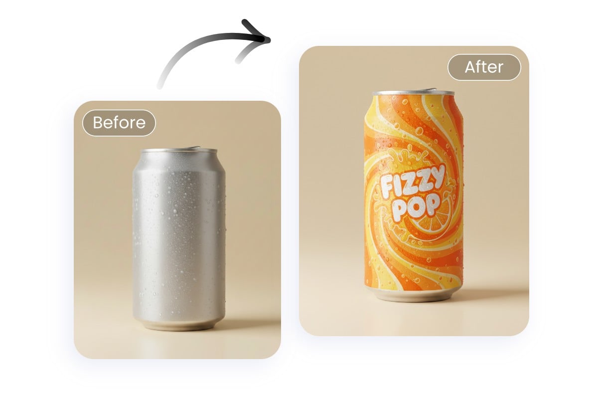 AI packaging design genrator featuring transforming a plain can