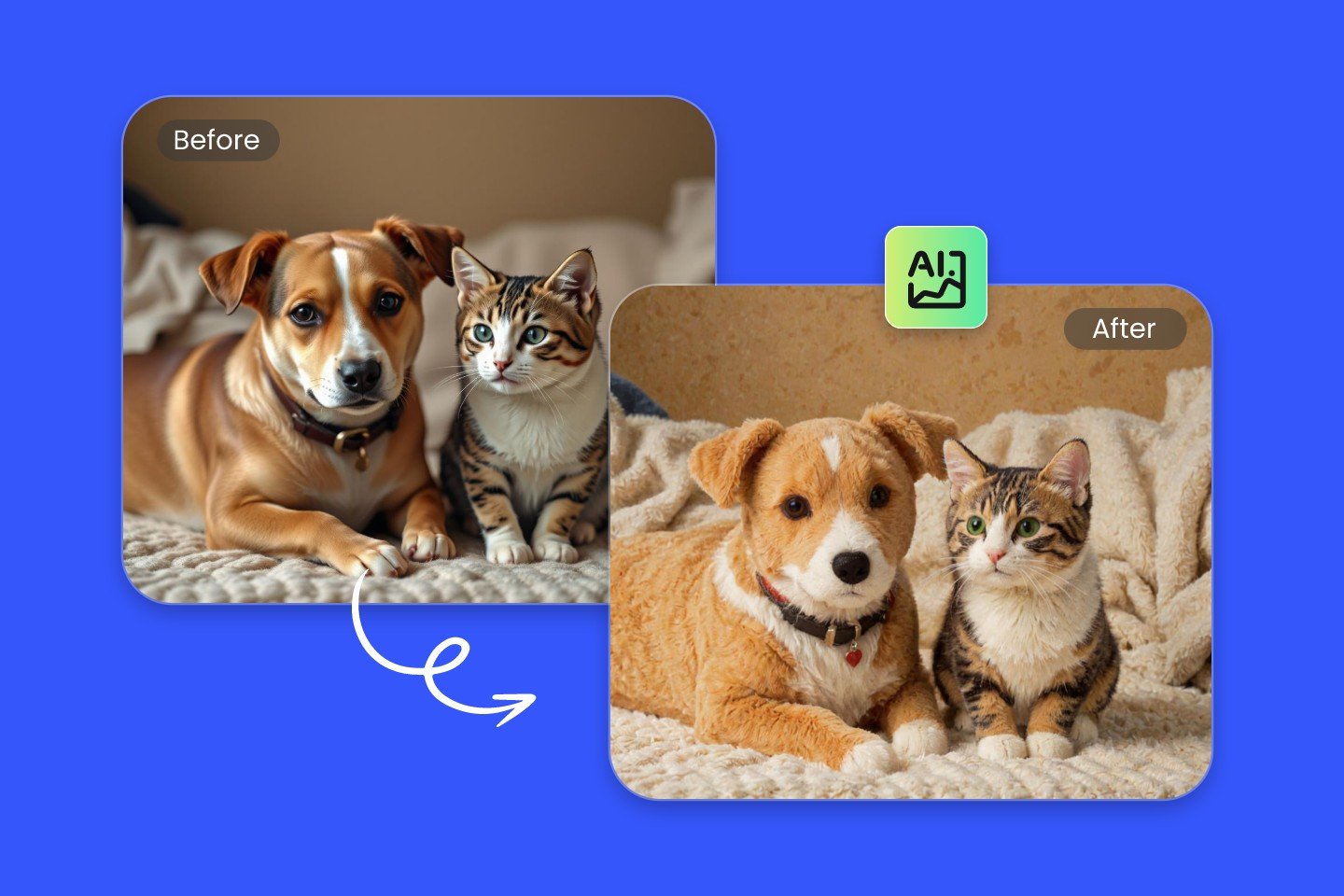 Cartoonize a group photo of a yellow dog and a cat with fotors cartoonize pet tool