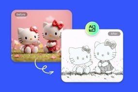 Convierte la imagen de dos Hello Kitties en una página para colorear con la herramienta de Fotor