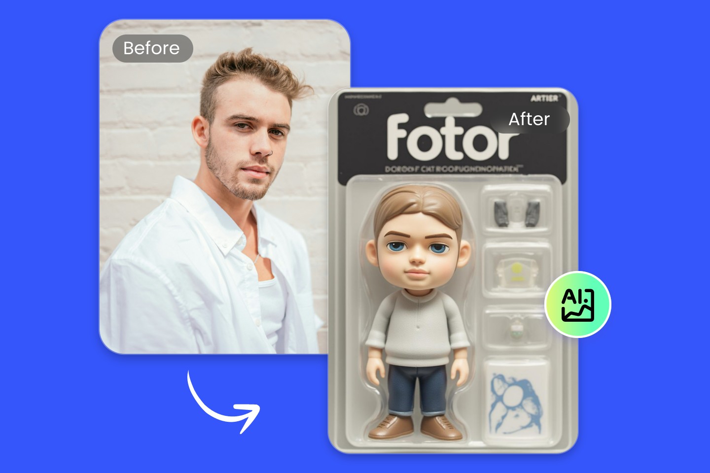 Fotor Ai action figure creator before and after contrast featuring a man in white shirt