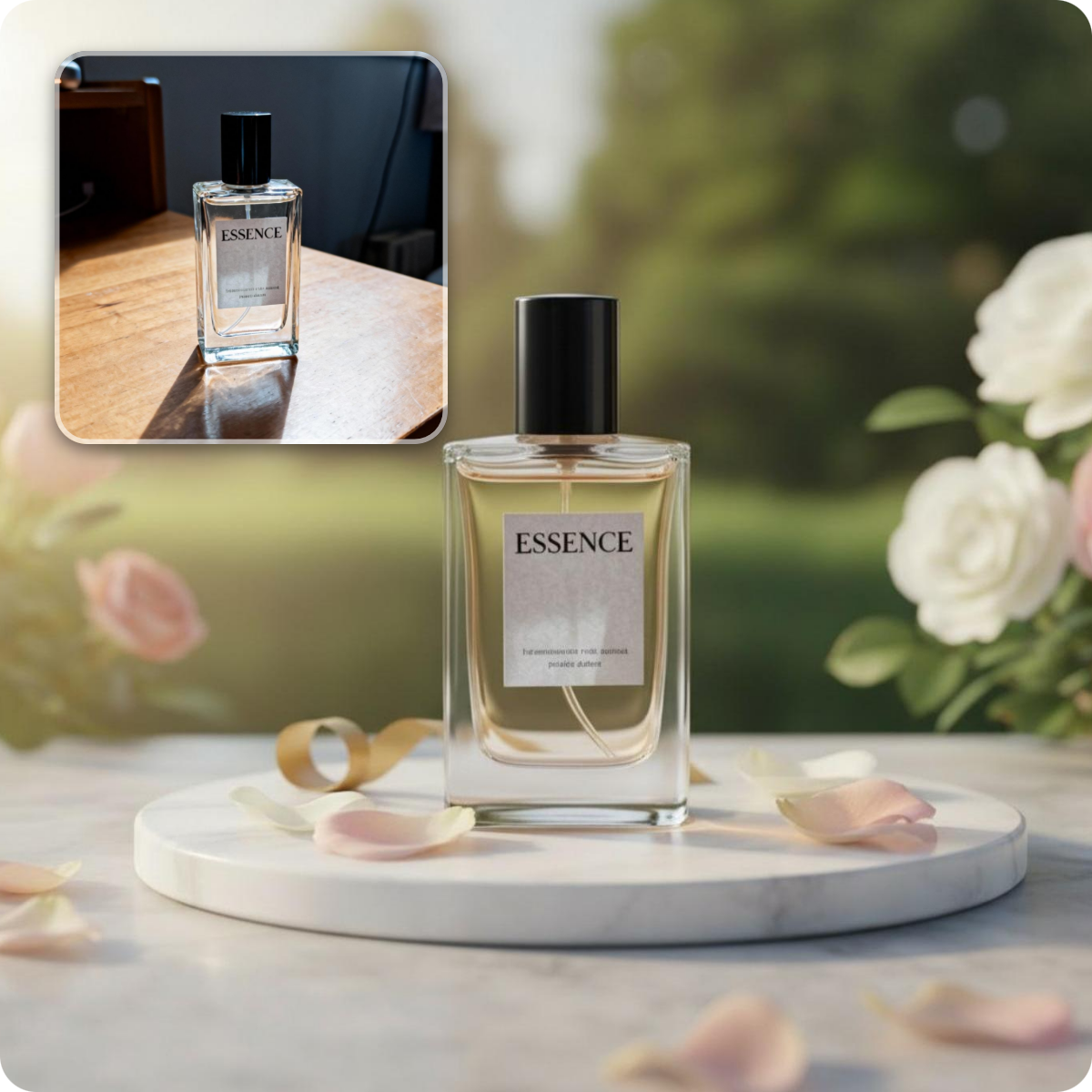 Fotor AI product photo editor comparison effect for a perfume