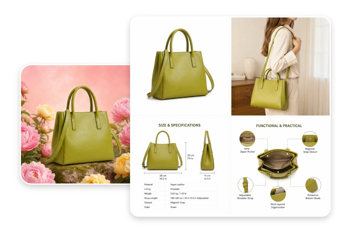 Generate four product listing images for the green handbag with Fotor free Amazon product image generator