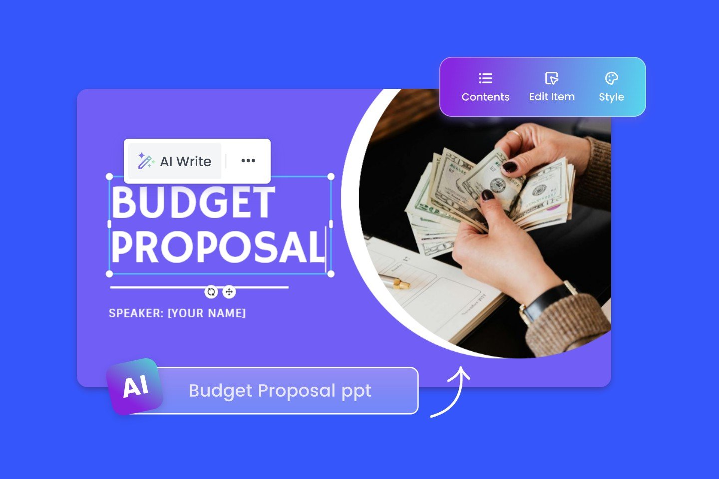 Use Fotor AI ppt maker to create a budget proposal slide with purple background