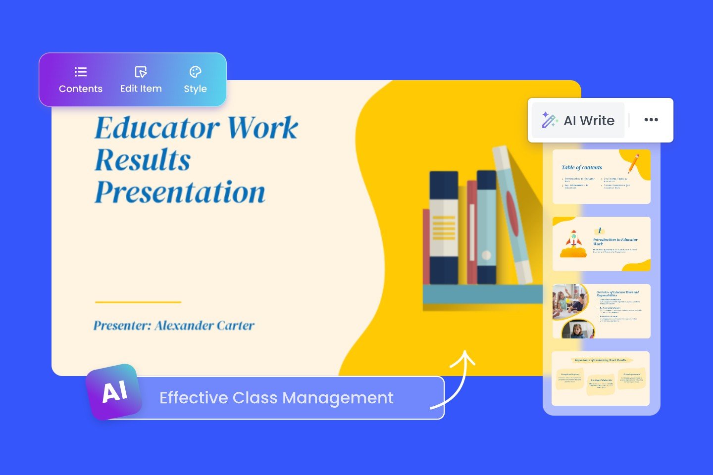 Use Fotor AI presentation maker to design a yellow educator work results presentation