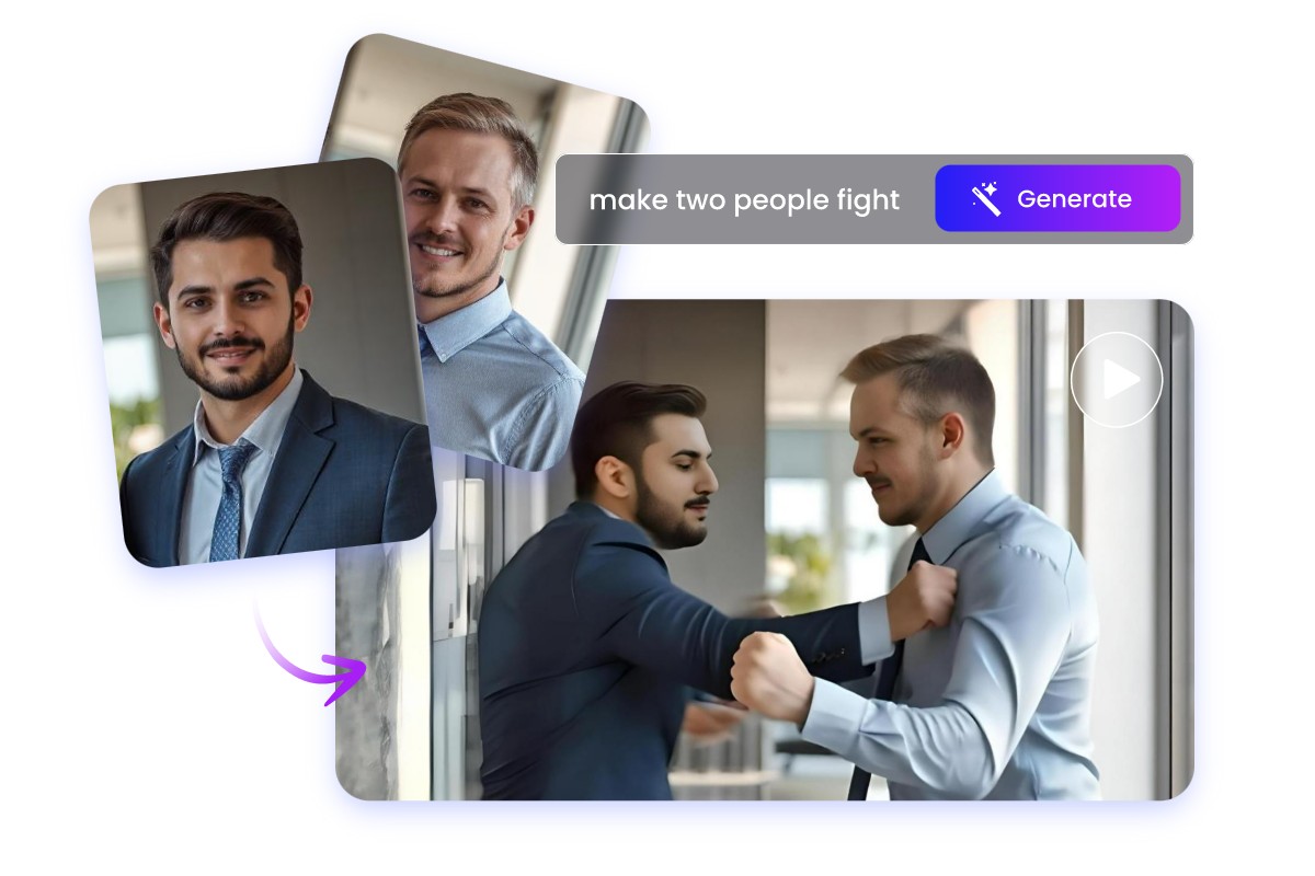 Use the Fotor AI fight generator to create a fight video of two men: one man in a dark suit and the other in a light-colored shirt