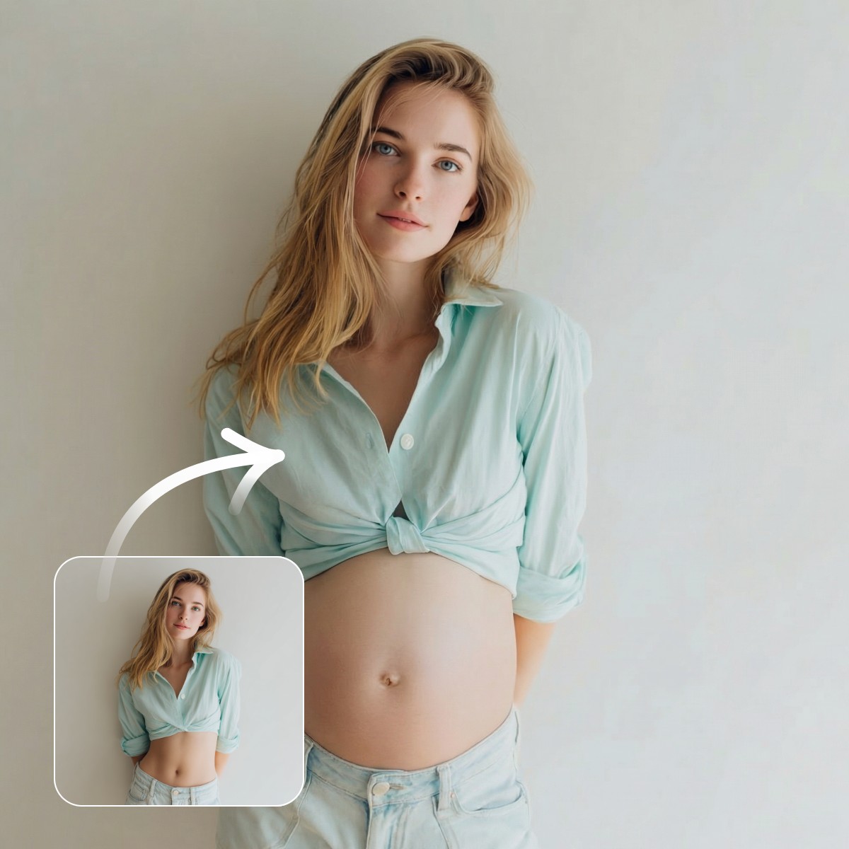 A before and after header comparison image showing a womans photo transformed with fotor pregnant ai filter