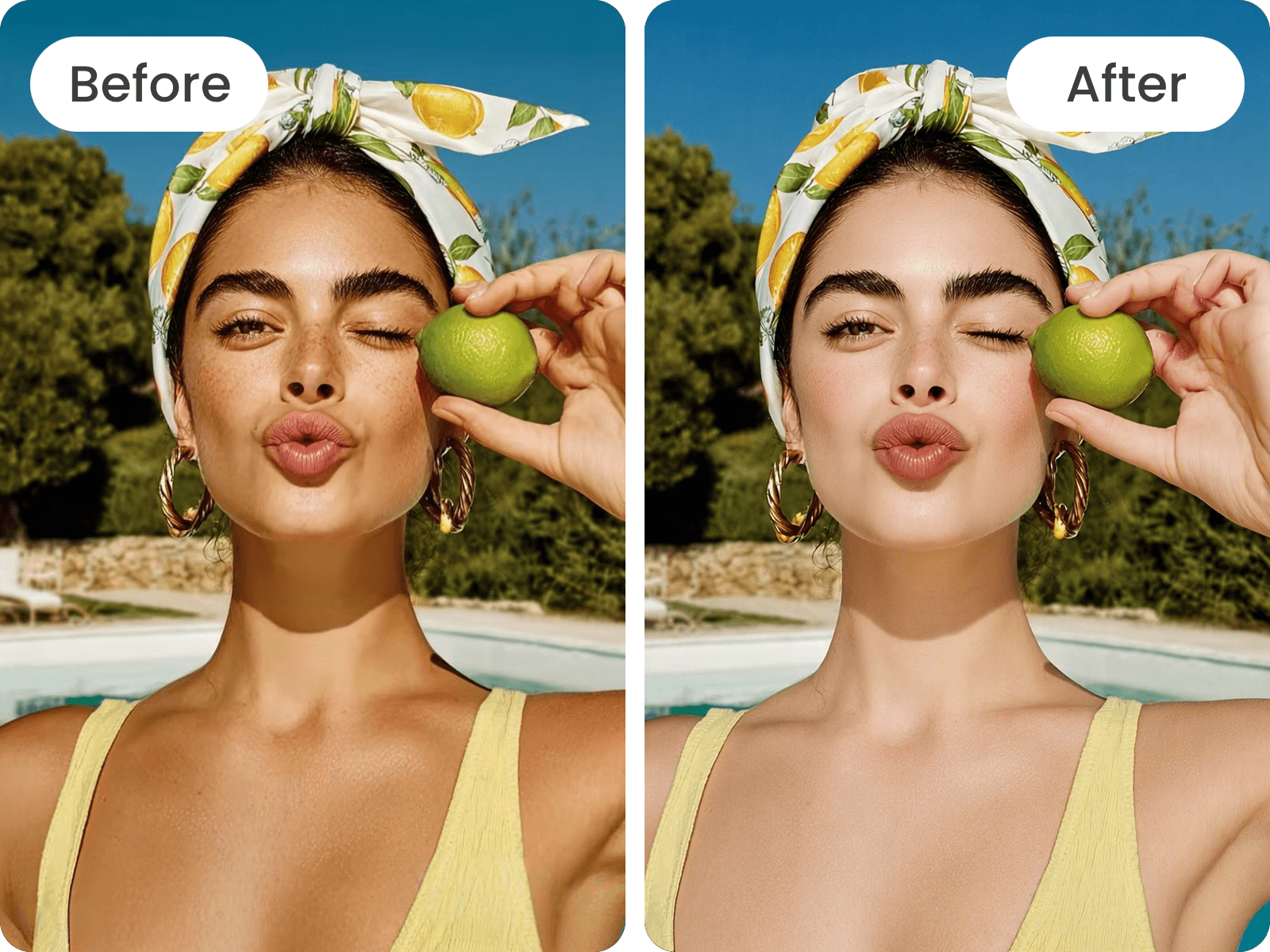 A before and after image of a woman holding a lemon by the pool with adjusted skin tone using fotor skin color changer