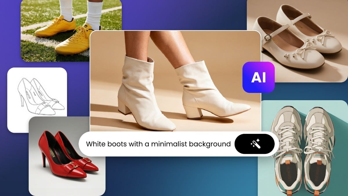 A image combines mulitple kinds of AI generetd shoes including high heals sneakers ballerina flats and runnig shoes