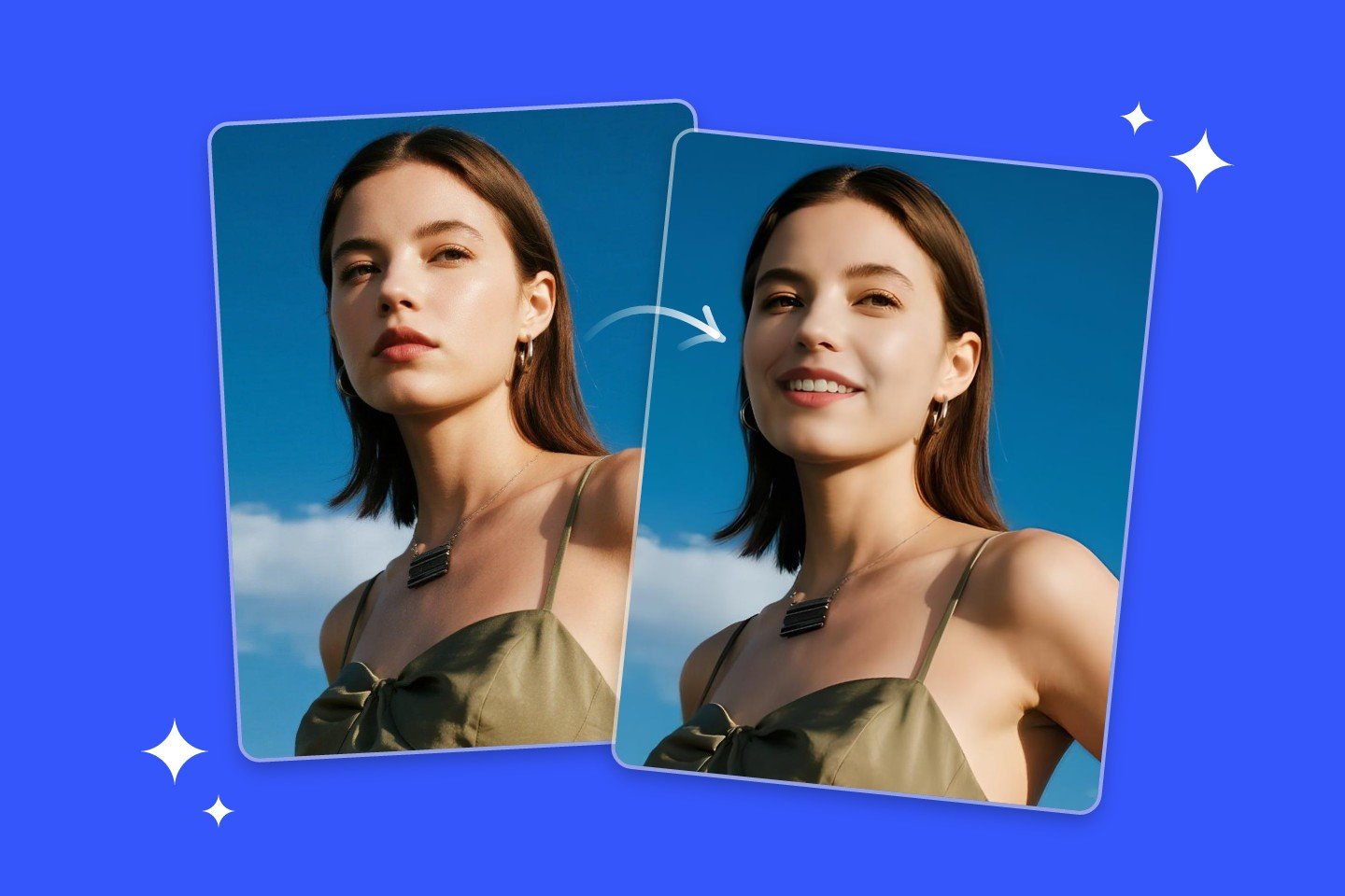 Use Fotor AI smile filyer to change the expression of a woman from serious to smiling