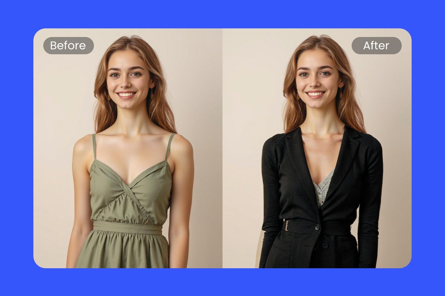 Add a suit online free to a photo of a girl with long hair in a dress