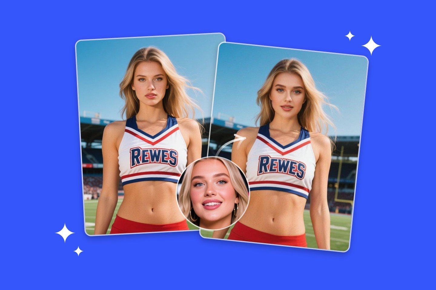 Banne image for fotor body swap ai featuring swapping a ladys body with a cheerleader