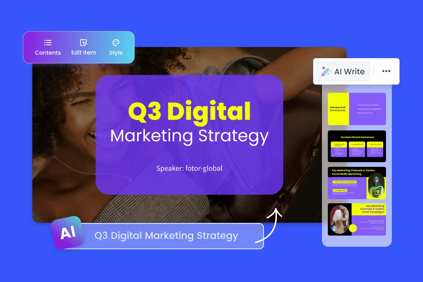 Banner for fotor ai business presentation maker featuring a q3 digital marketing strategy created by ai with editing features