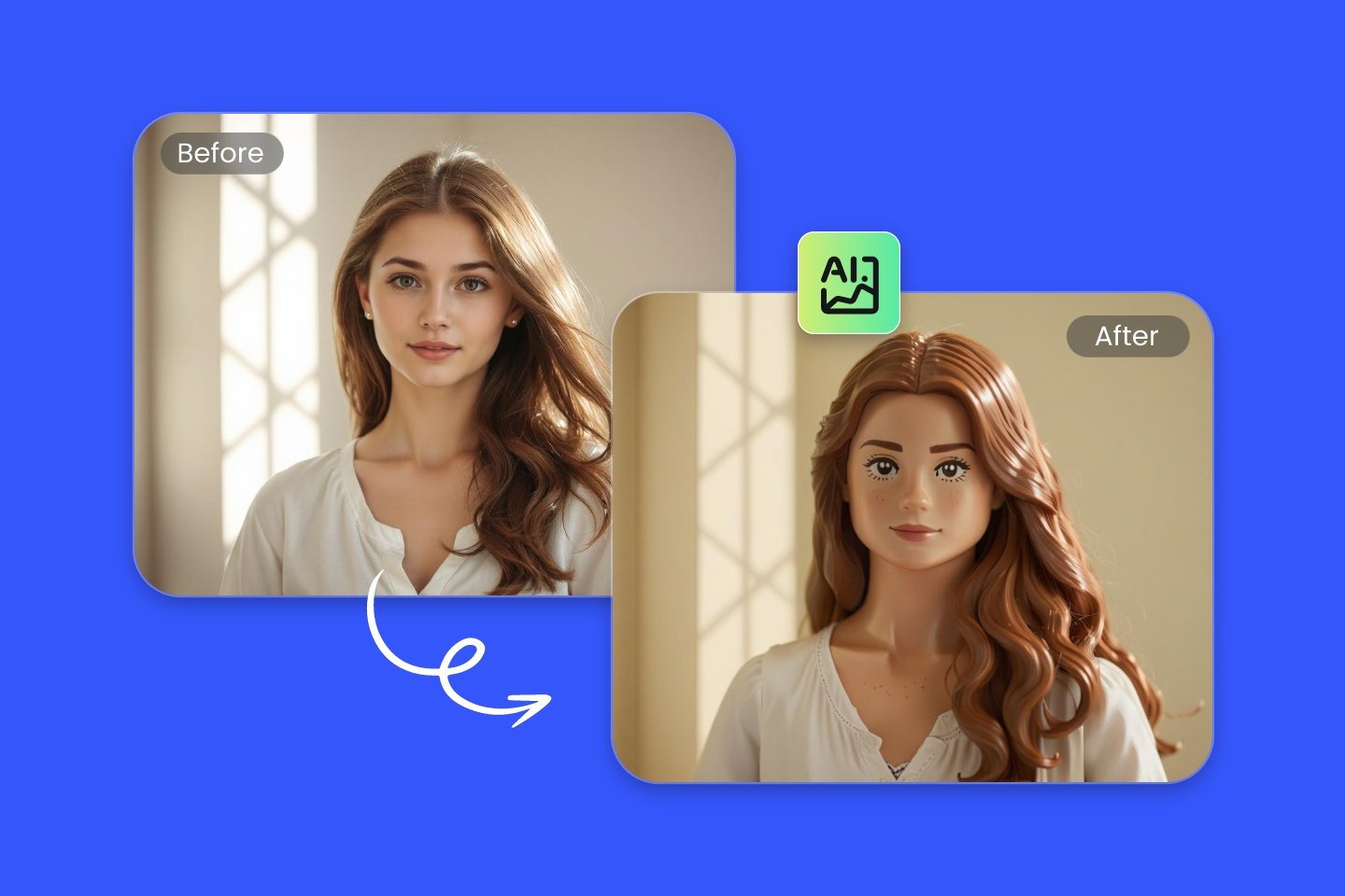 Banner for fotor ai lego filter featuring turning a long hair lady into a lego character